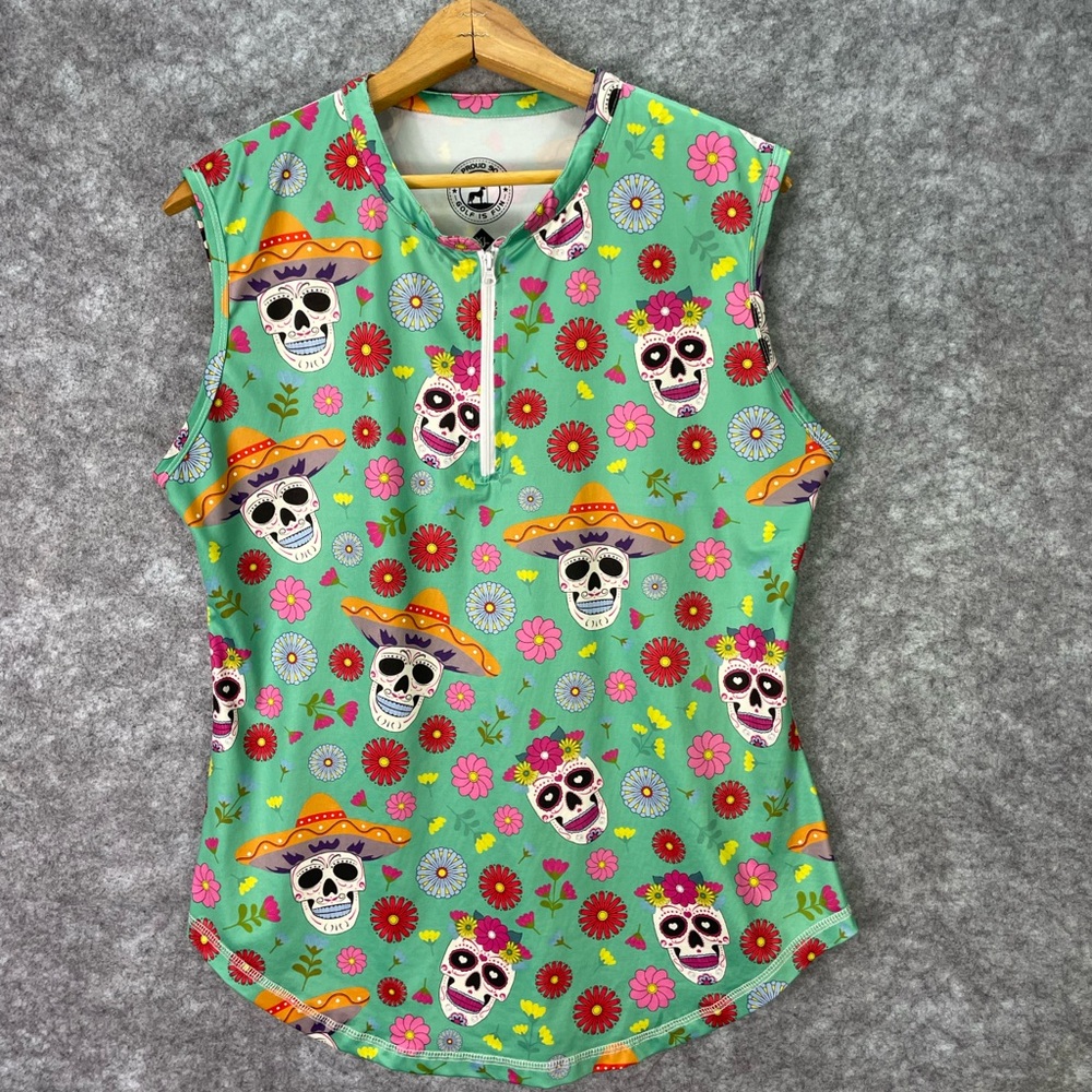 Proud 90 Polo Shirt Womens XL Green Sugar Skull Floral Sleeveless 1/4 Zip Golf